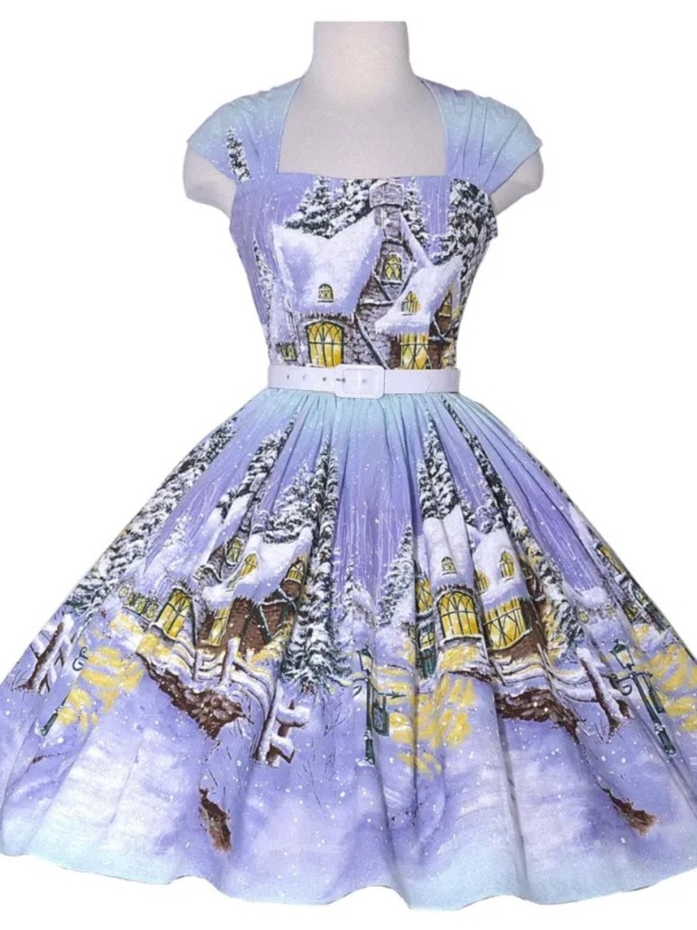 Bernie Dexter Lavender Winter Village Fit-and-Flare Dress with Yellow Accents